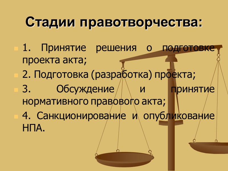 Стадии правотворчества: 1. Принятие решения о подготовке проекта акта; 2. Подготовка (разработка) проекта; 3.